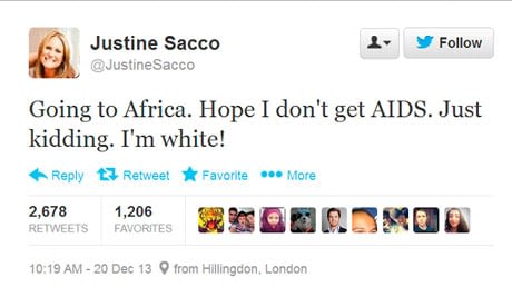 Captura del tuit de Justine Sacco