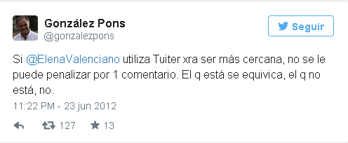 Captura del tuit de Esteban González Pons defendiendo a Elena Valenciano