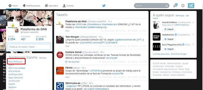 Captura de imagen de Twitter en el momento en el que #hoymedeclaro es Trending Topic en España